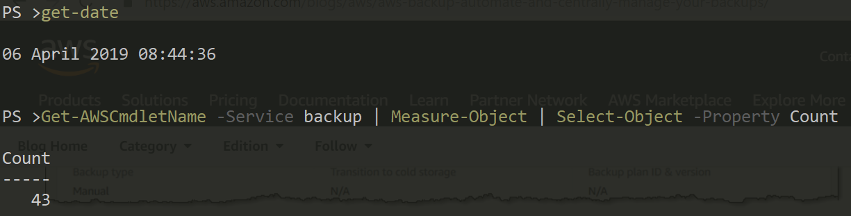Count of 43 AWS backup cmdlets