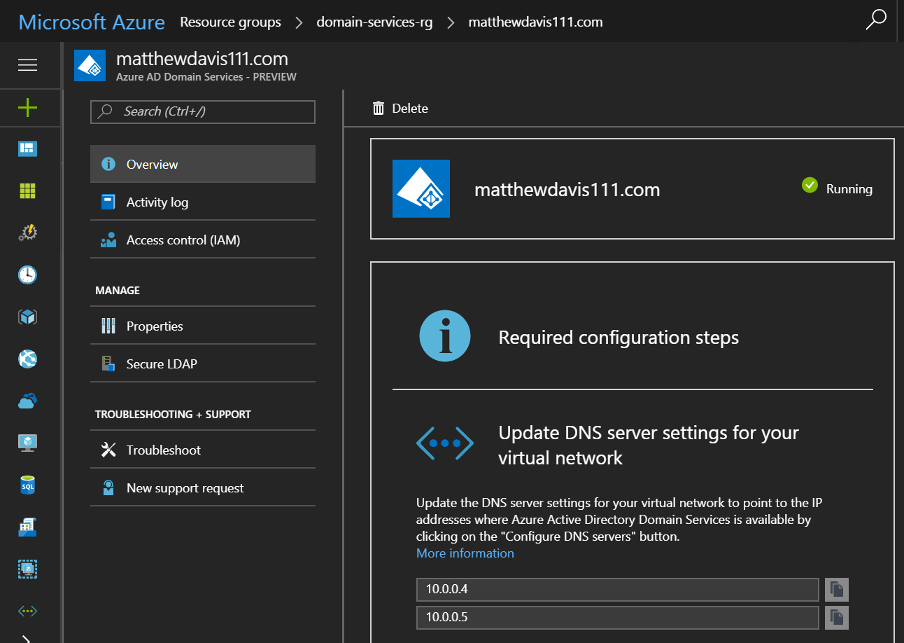 aadds dns server addresses