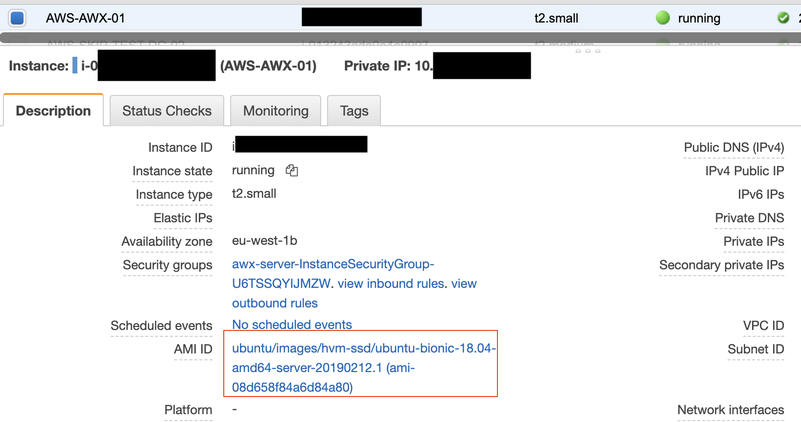 AWS console showing ami name