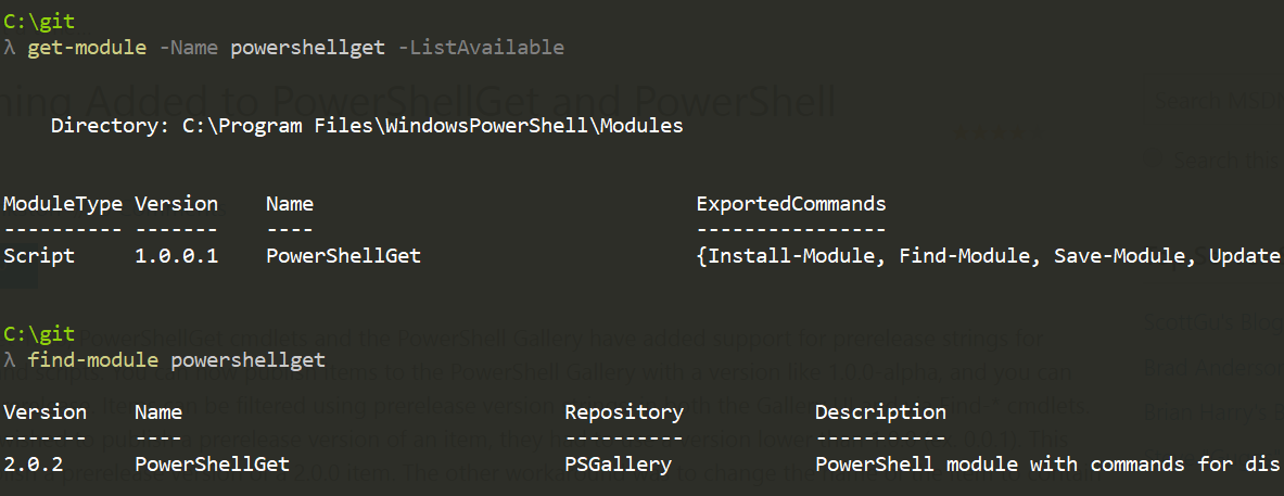 Showing the latest version of PowerShellget from the PowerShell gallery