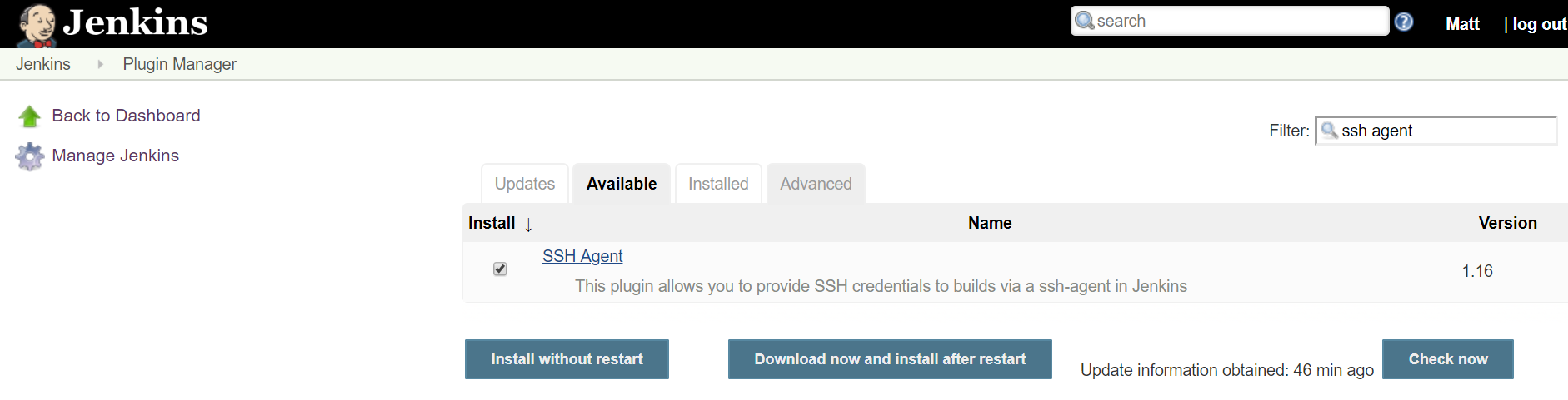 Plugin menu for jenkins, search for ssh agent