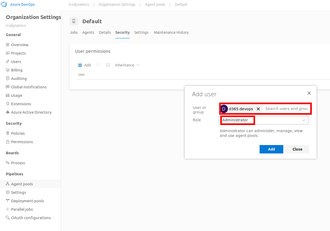 Azure DevOps add user as admin to agent pool