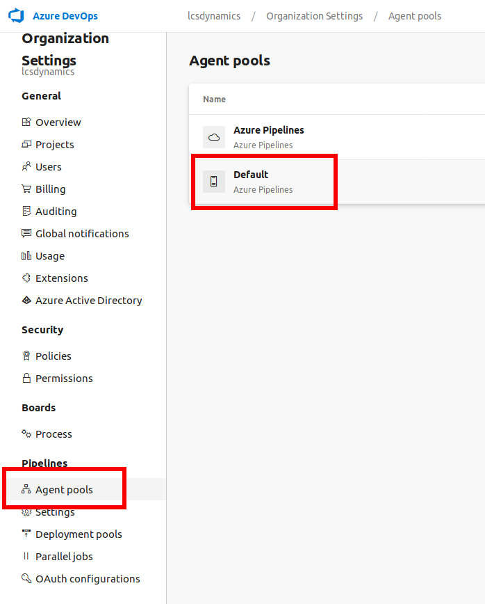 Azure DevOps agent pools tab