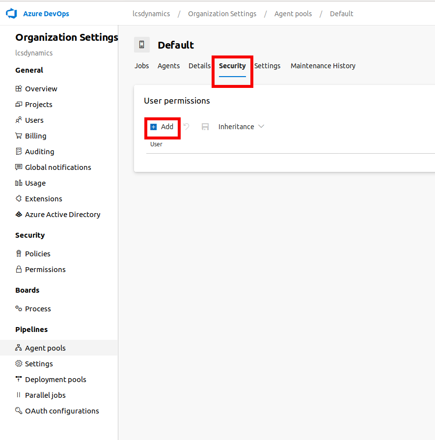 Azure DevOps agent security tab