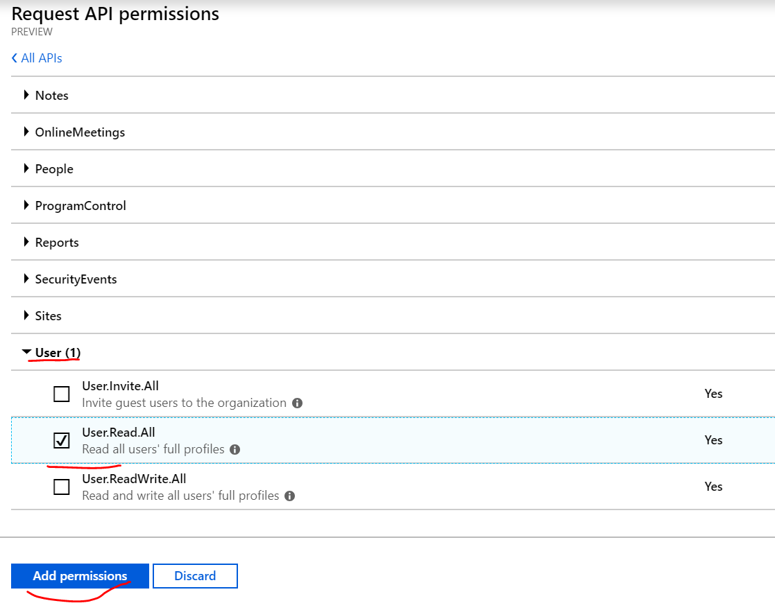 API User Read All permissions button