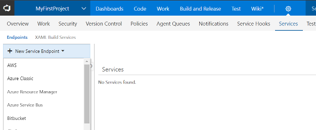 New service endpoint drop down list, aws, azure classic