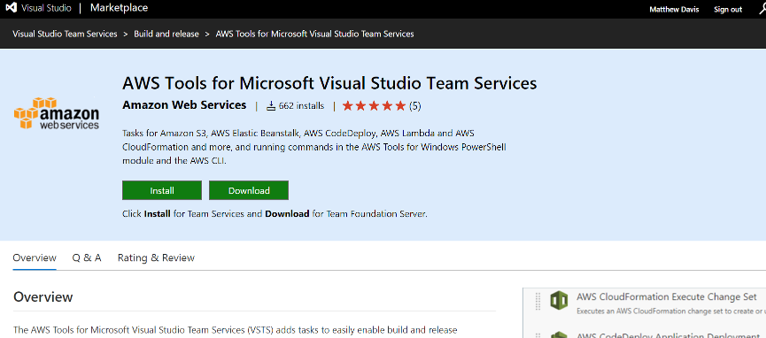 aws tools in the vsts market place
