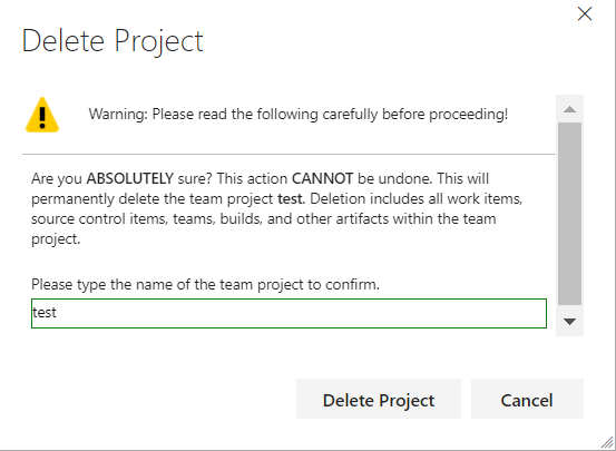 confirm deletion of project
